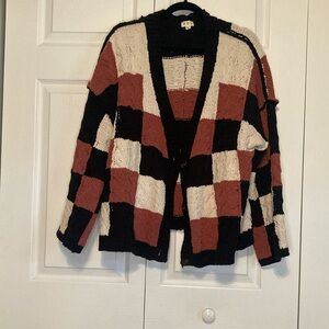 POL Black and Cream Geometric Cardigan Sweater Size Large